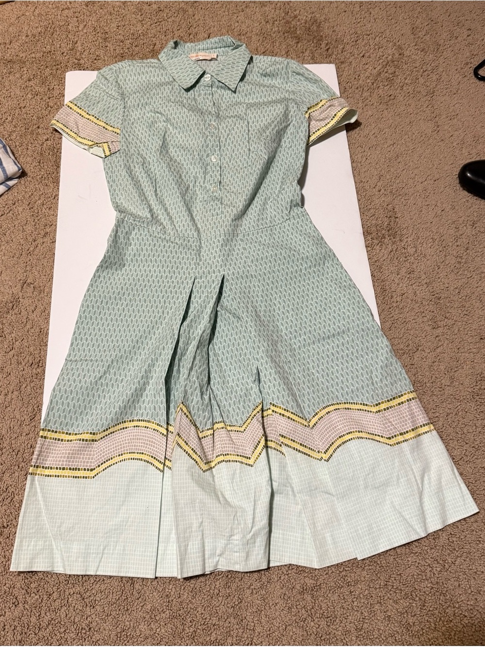 Tory Burch Mint Green Short-Sleeve Collared Midi Dress with Yellow Trim
